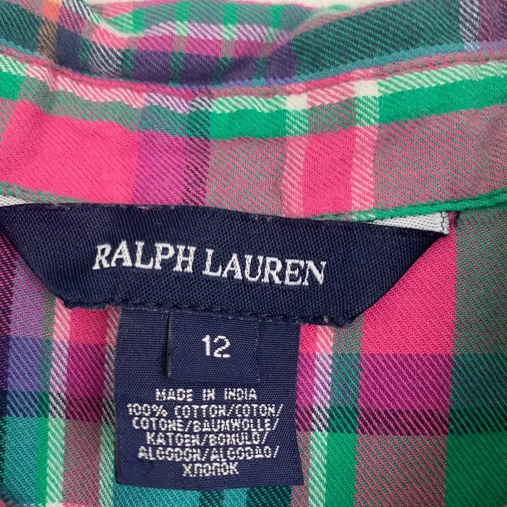 Ralph Lauren 100% Cotton Plaid/Tiered/Ruffle Long Sleeve Dress Girl's Size 12